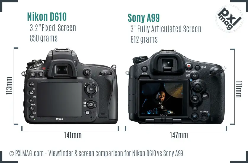 Nikon D610 vs Sony A99 Screen and Viewfinder comparison
