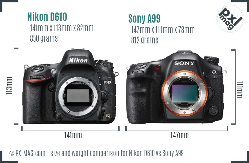 Nikon D610 vs Sony A99 size comparison