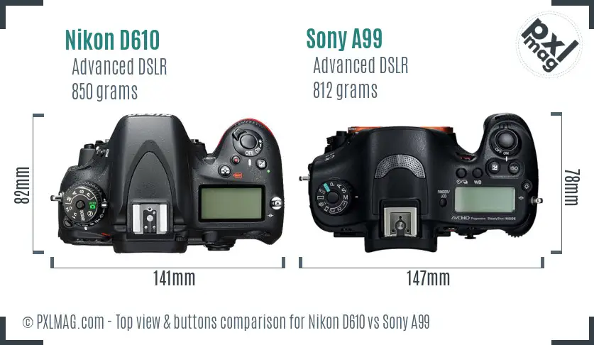 Nikon D610 vs Sony A99 top view buttons comparison