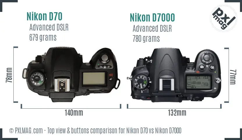 Nikon D70 vs Nikon D7000 top view buttons comparison