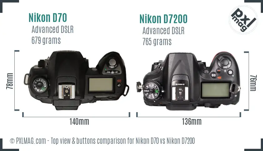 Nikon D70 vs Nikon D7200 top view buttons comparison