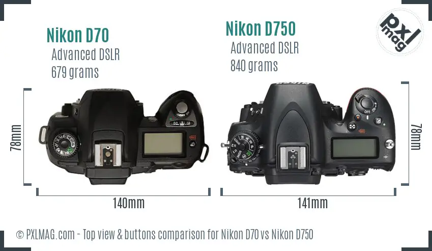 Nikon D70 vs Nikon D750 top view buttons comparison