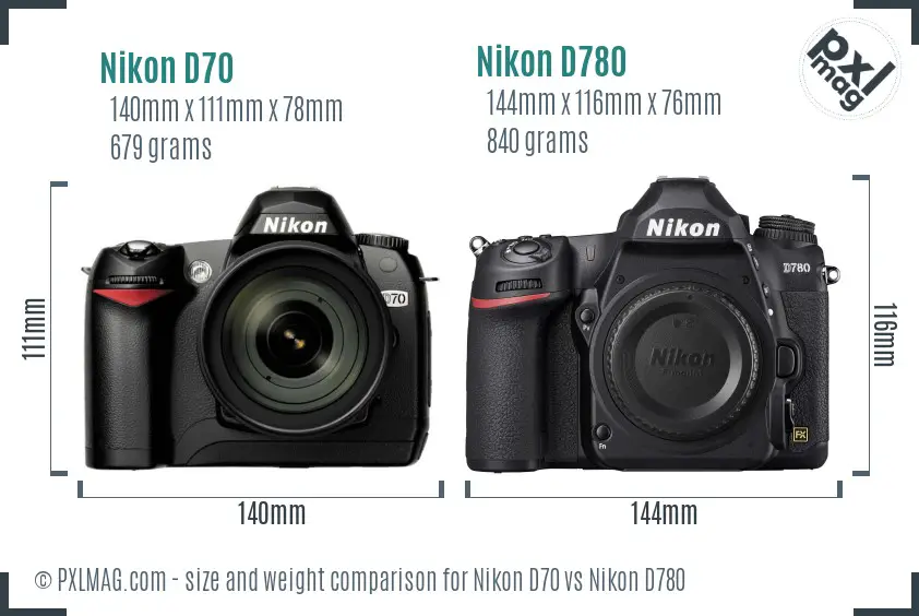 Nikon D70 vs Nikon D780 size comparison