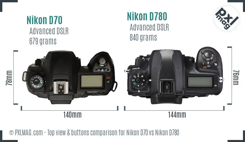 Nikon D70 vs Nikon D780 top view buttons comparison