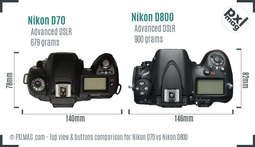 Nikon D70 vs Nikon D800 top view buttons comparison