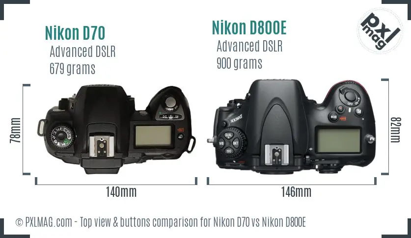 Nikon D70 vs Nikon D800E top view buttons comparison