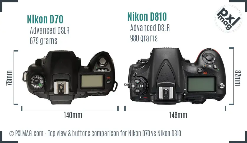 Nikon D70 vs Nikon D810 top view buttons comparison