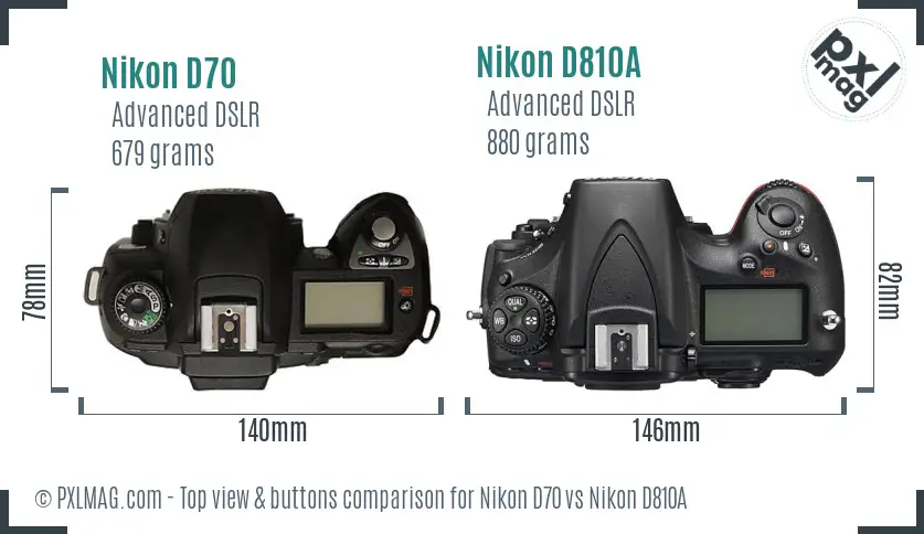Nikon D70 vs Nikon D810A top view buttons comparison