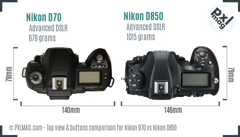 Nikon D70 vs Nikon D850 top view buttons comparison