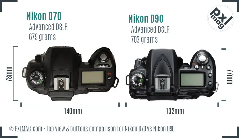 Nikon D70 vs Nikon D90 top view buttons comparison