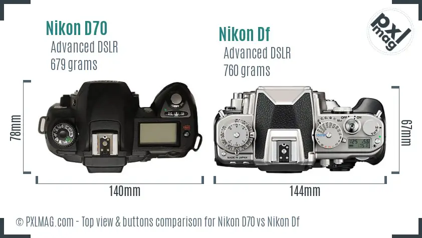 Nikon D70 vs Nikon Df top view buttons comparison