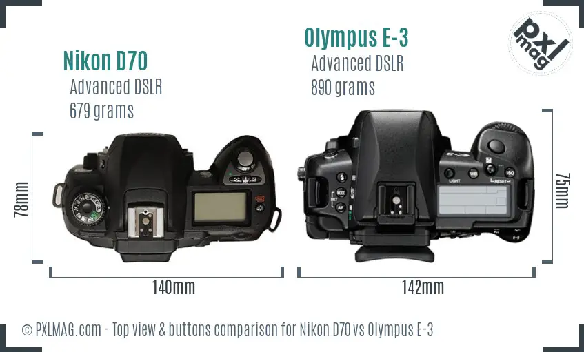 Nikon D70 vs Olympus E-3 top view buttons comparison
