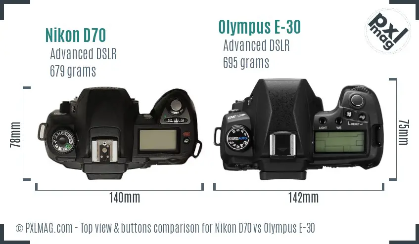 Nikon D70 vs Olympus E-30 top view buttons comparison