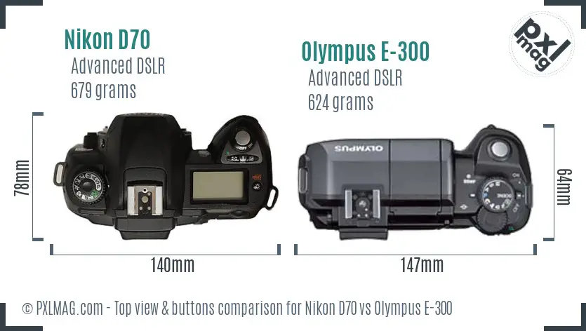 Nikon D70 vs Olympus E-300 top view buttons comparison