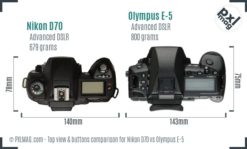 Nikon D70 vs Olympus E-5 top view buttons comparison