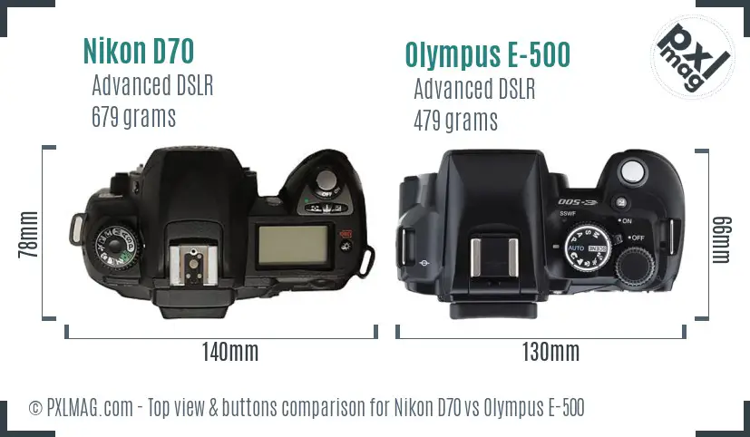 Nikon D70 vs Olympus E-500 top view buttons comparison