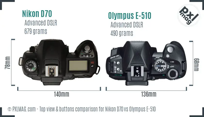 Nikon D70 vs Olympus E-510 top view buttons comparison