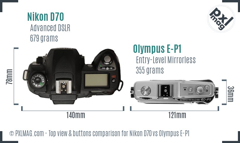 Nikon D70 vs Olympus E-P1 top view buttons comparison