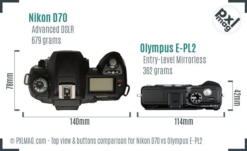 Nikon D70 vs Olympus E-PL2 top view buttons comparison