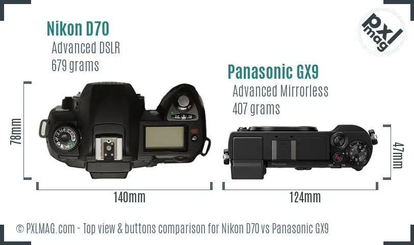 Nikon D70 vs Panasonic GX9 top view buttons comparison