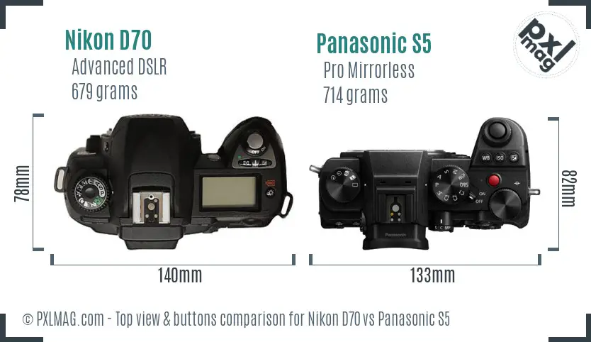 Nikon D70 vs Panasonic S5 top view buttons comparison
