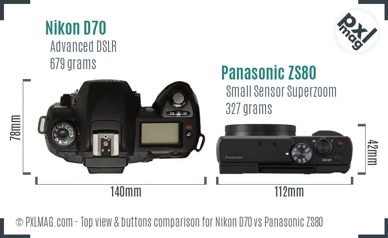 Nikon D70 vs Panasonic ZS80 top view buttons comparison
