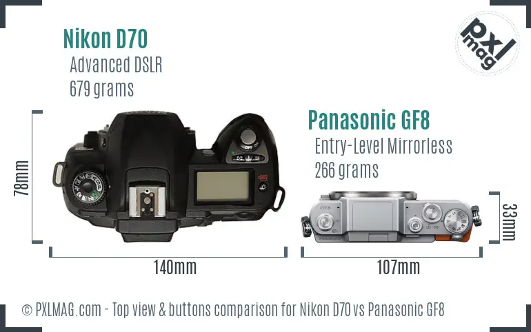 Nikon D70 vs Panasonic GF8 top view buttons comparison