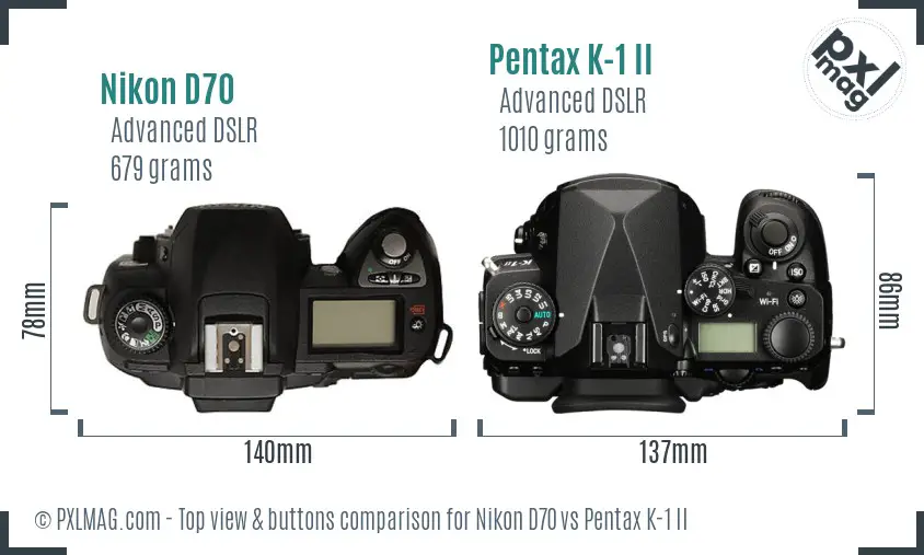 Nikon D70 vs Pentax K-1 II top view buttons comparison