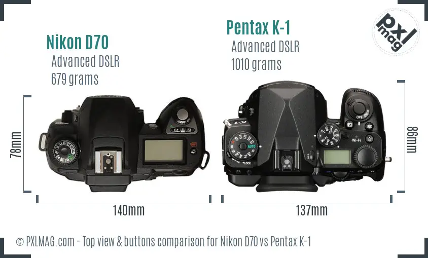 Nikon D70 vs Pentax K-1 top view buttons comparison