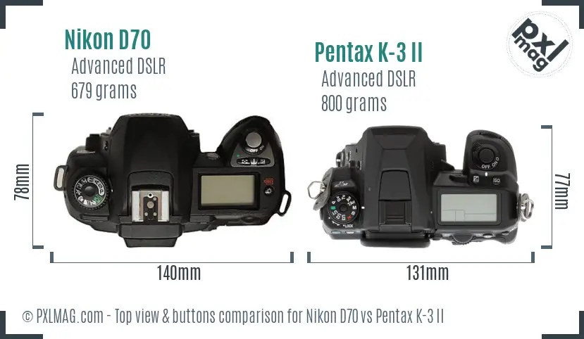 Nikon D70 vs Pentax K-3 II top view buttons comparison