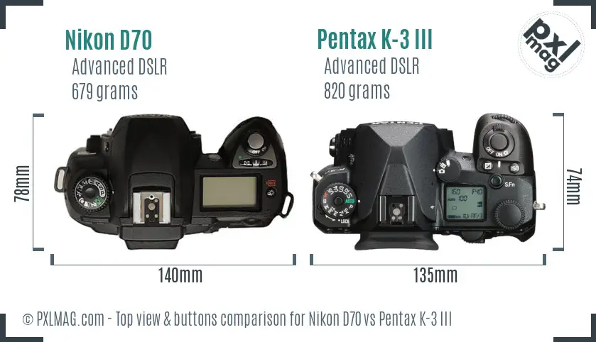 Nikon D70 vs Pentax K-3 III top view buttons comparison