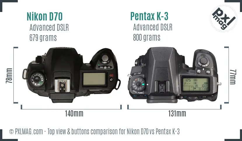 Nikon D70 vs Pentax K-3 top view buttons comparison