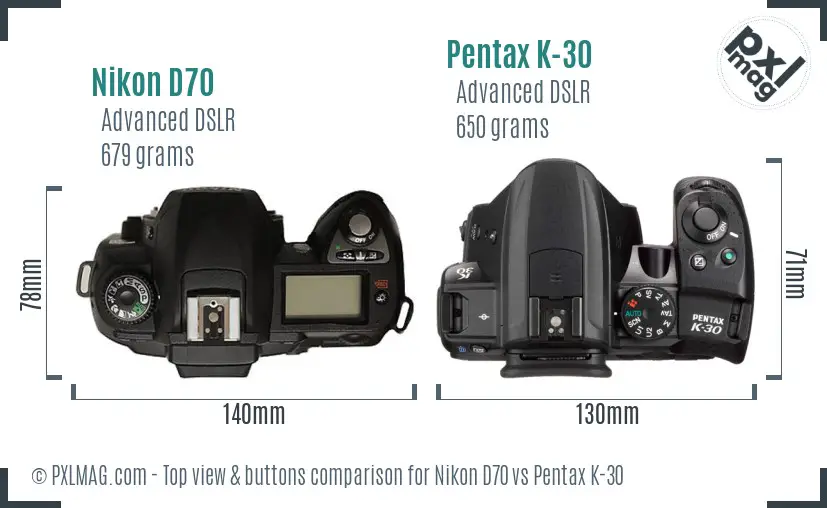 Nikon D70 vs Pentax K-30 top view buttons comparison