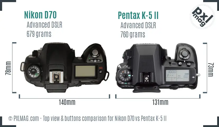 Nikon D70 vs Pentax K-5 II top view buttons comparison