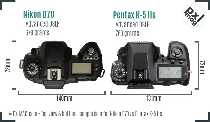 Nikon D70 vs Pentax K-5 IIs top view buttons comparison