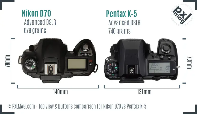 Nikon D70 vs Pentax K-5 top view buttons comparison