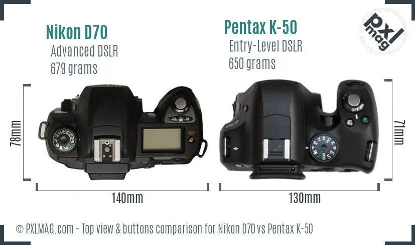 Nikon D70 vs Pentax K-50 top view buttons comparison