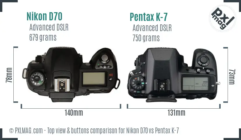 Nikon D70 vs Pentax K-7 top view buttons comparison
