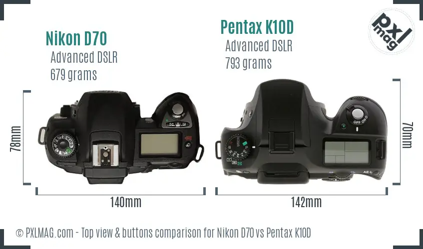 Nikon D70 vs Pentax K10D top view buttons comparison