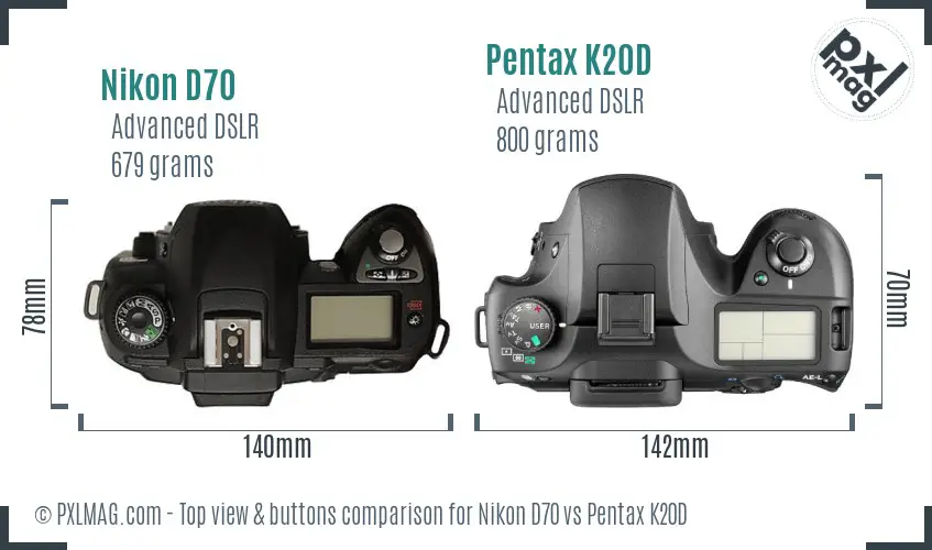 Nikon D70 vs Pentax K20D top view buttons comparison