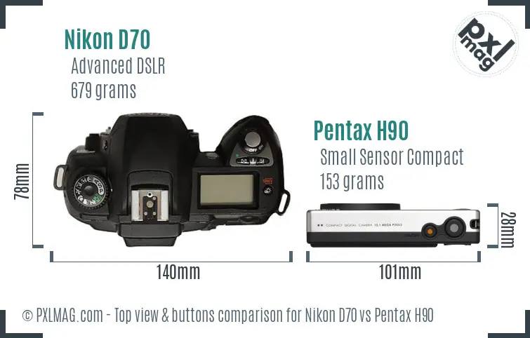 Nikon D70 vs Pentax H90 top view buttons comparison