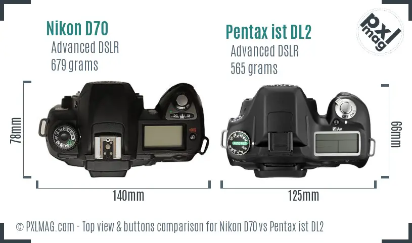 Nikon D70 vs Pentax ist DL2 top view buttons comparison