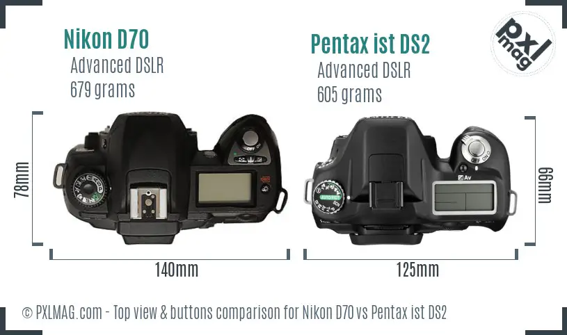 Nikon D70 vs Pentax ist DS2 top view buttons comparison