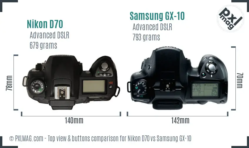 Nikon D70 vs Samsung GX-10 top view buttons comparison