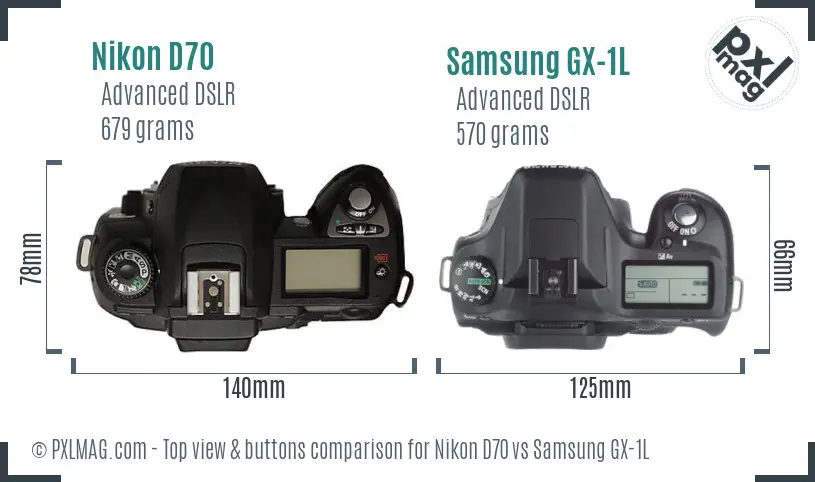 Nikon D70 vs Samsung GX-1L top view buttons comparison