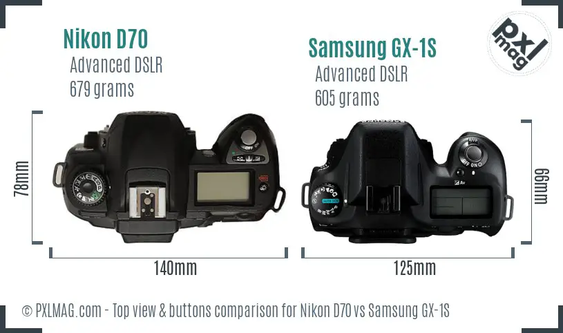 Nikon D70 vs Samsung GX-1S top view buttons comparison