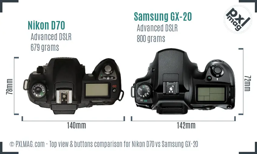 Nikon D70 vs Samsung GX-20 top view buttons comparison