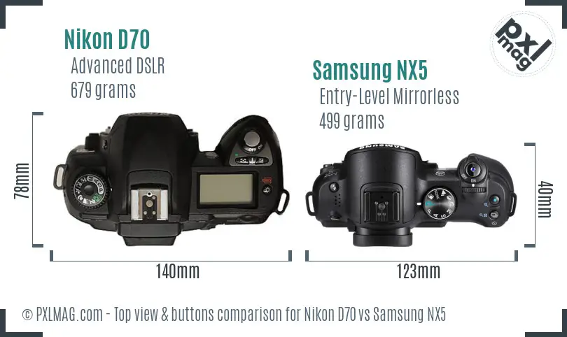 Nikon D70 vs Samsung NX5 top view buttons comparison