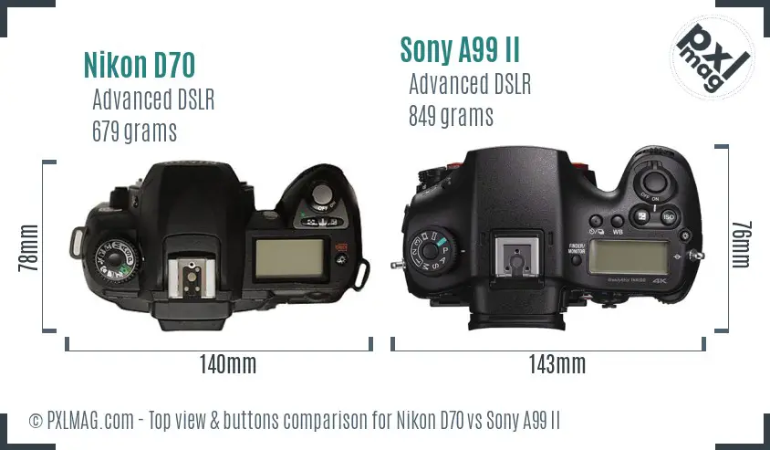 Nikon D70 vs Sony A99 II top view buttons comparison