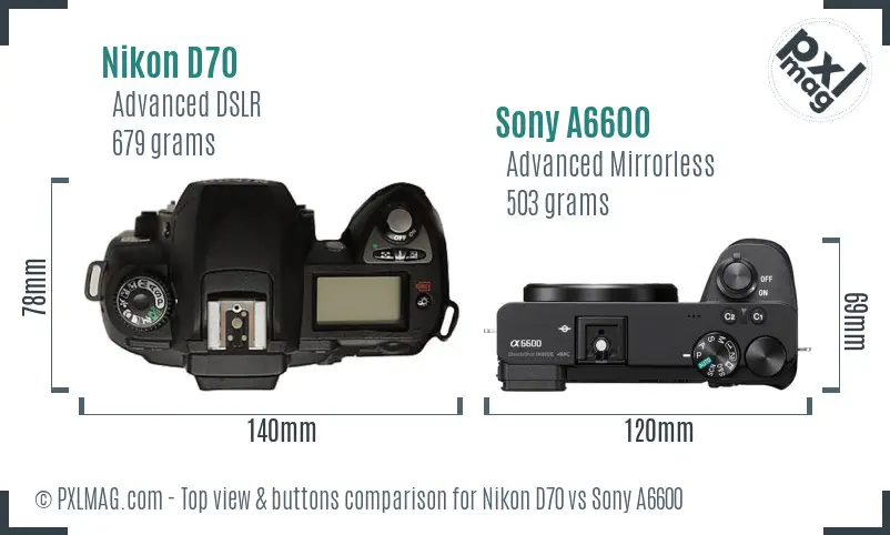 Nikon D70 vs Sony A6600 top view buttons comparison
